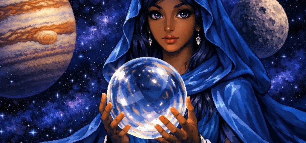 Deusa Saga com bola de cristal.